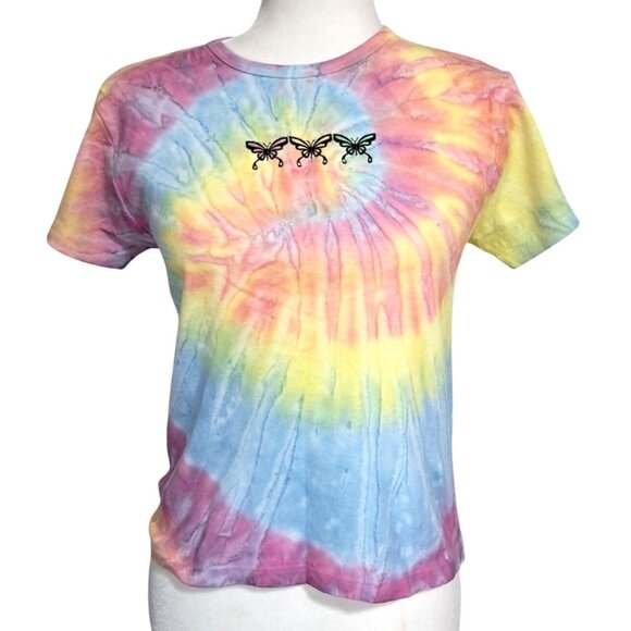 Common Thread Tops - Vintage 90s Butterfly Embroidered Tie-Dye T-Shirt M Common Threads Hippie Boho N